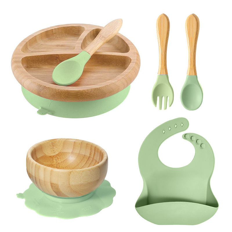 Bamboo Baby Food Plate Weaning Kids and Toddler Suction Smile Plates Divided Platter Feeding Dishes With Silicone Fork and Spoon