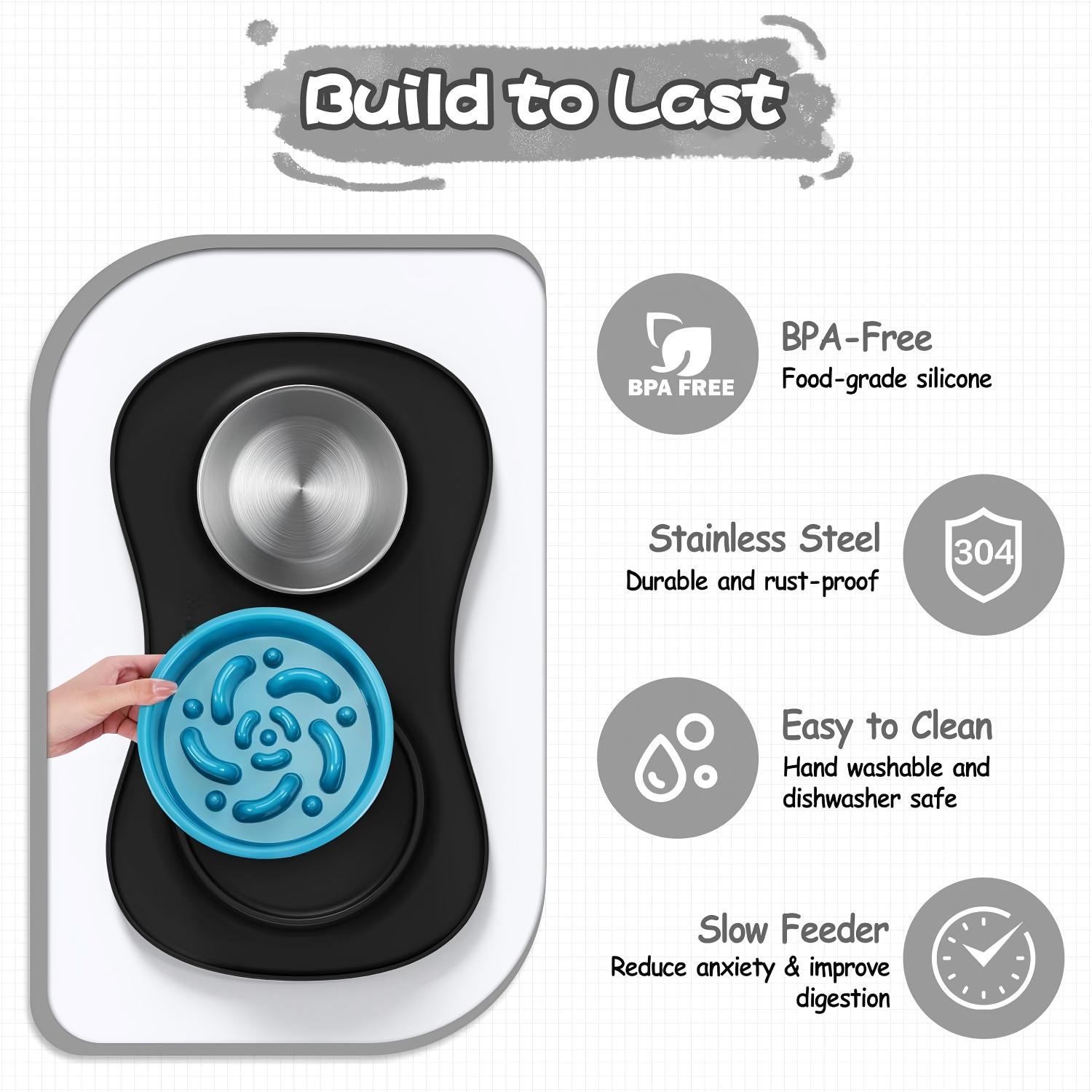 3 in 1 Slow Feeder Dog Bowls &amp; Stainless Steel Water Bowl with Non-Spill Silicone Mat for Small Medium Large Breed