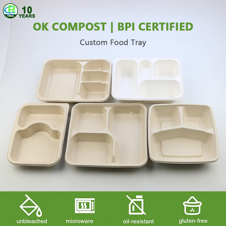 Custom Service Biodegradable Compostable Sugarcane Bagasse Pulp 5 Compartment Meal Trays With Lid