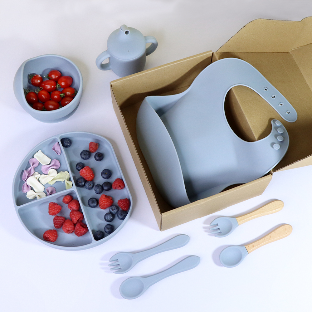 6 In 1 Baby Products Silicone Table Mat Plate Bowl Spoon Fork Sippy Cup Tableware Silicone Baby Feeding Sets Baby Dining Set