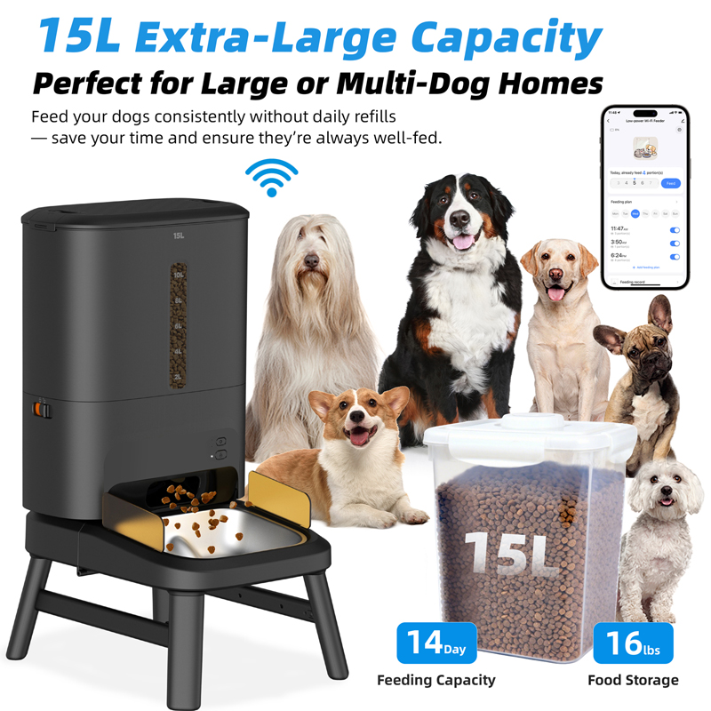 OEM 15L Wifi Large Dog Automatic Dog Feeder With Timer App Raised Dog Food Dispenser Visible Window Elevate Smart Pet Feeder