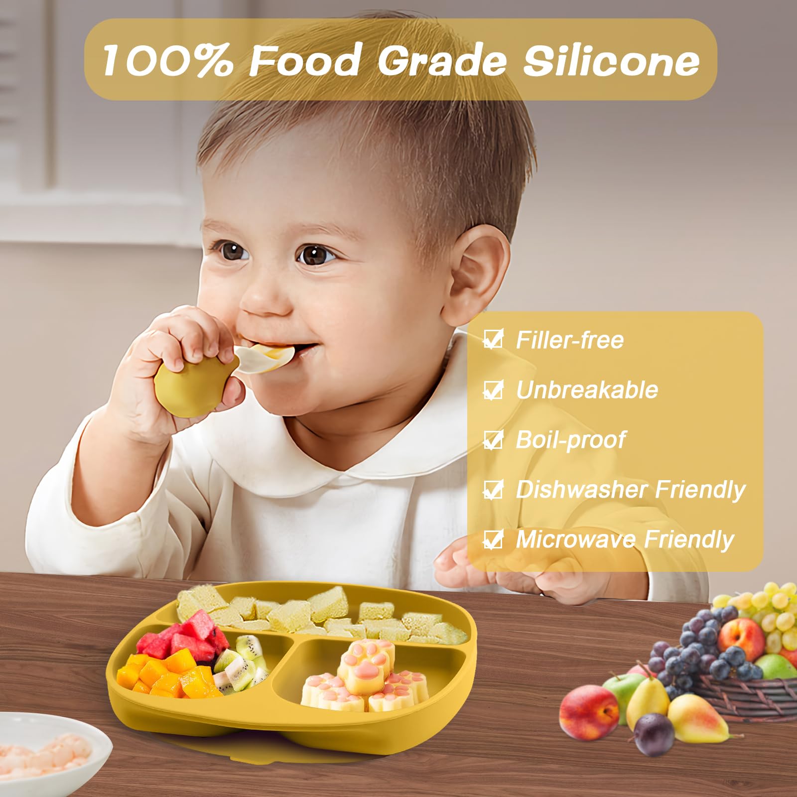 New BPA-Free Silicone Divided Grip Dish Unbreakable Silicone Divided Suction Toddler Plates Divided Baby Plates with Suction