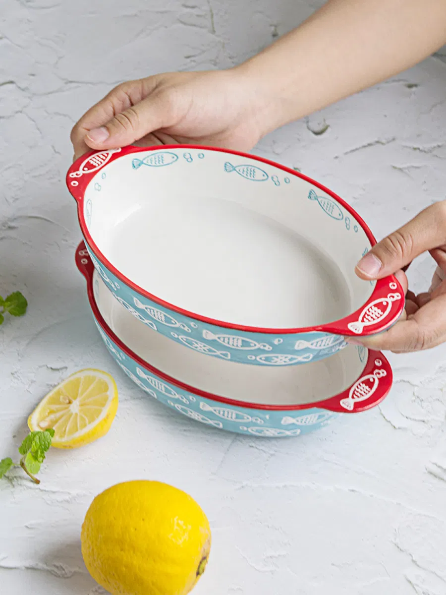 Hand-Painted Fish Pattern Roasting Ceramic Food Plate Round Baking Pan Dish