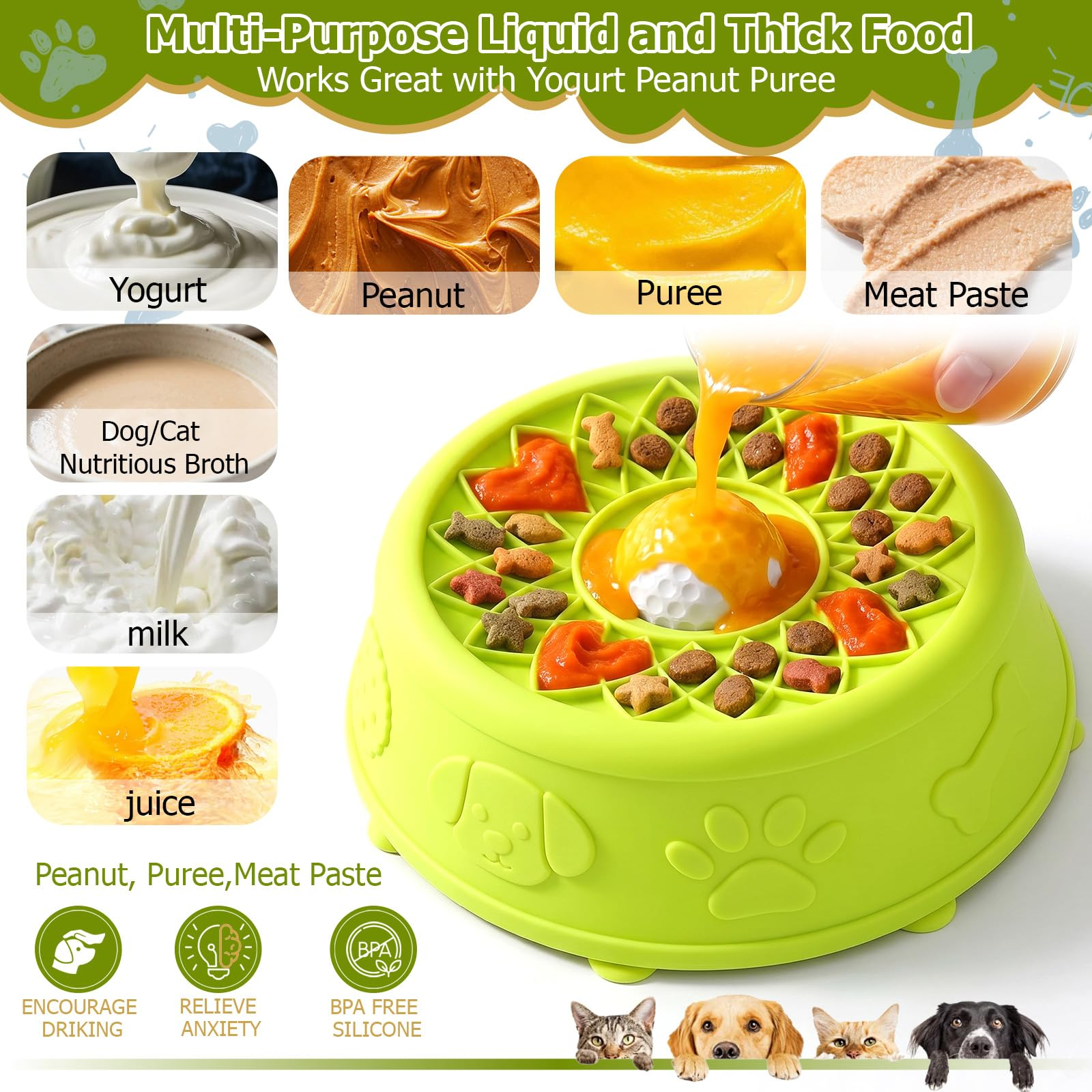 Dog Slow Feeder Lick Bowl With Rolling Ball Comedero Para Mascotas Silicone Dog Liquid Lick Bowl Non-Slip Lick Bowl For Anxiety