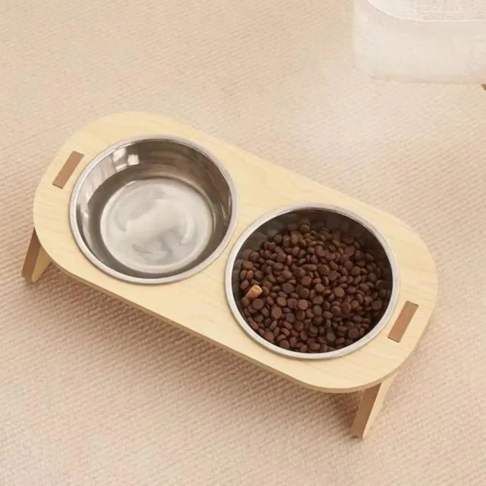 Elevated Pet Bowls Tilted Single Double Cat Stainless Steel Food Bowls Wooden Dog Water Feeding Container Cat Supplies
