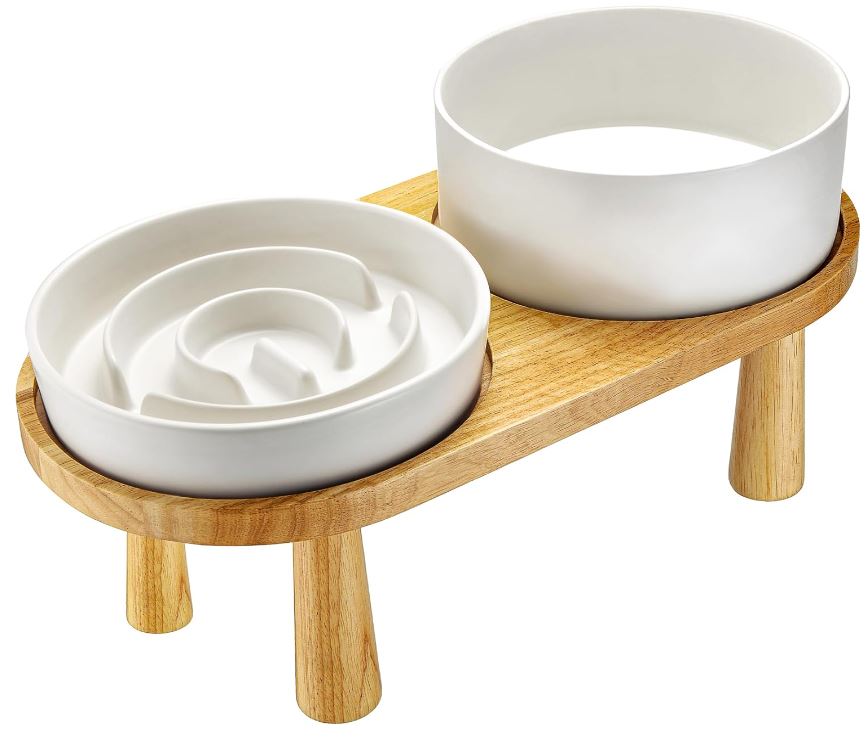 Custom Ceramic Slow Feeder Dog Bowl Water Bowl Set for Medium and Large Breed, Elevated with Wooden Stand