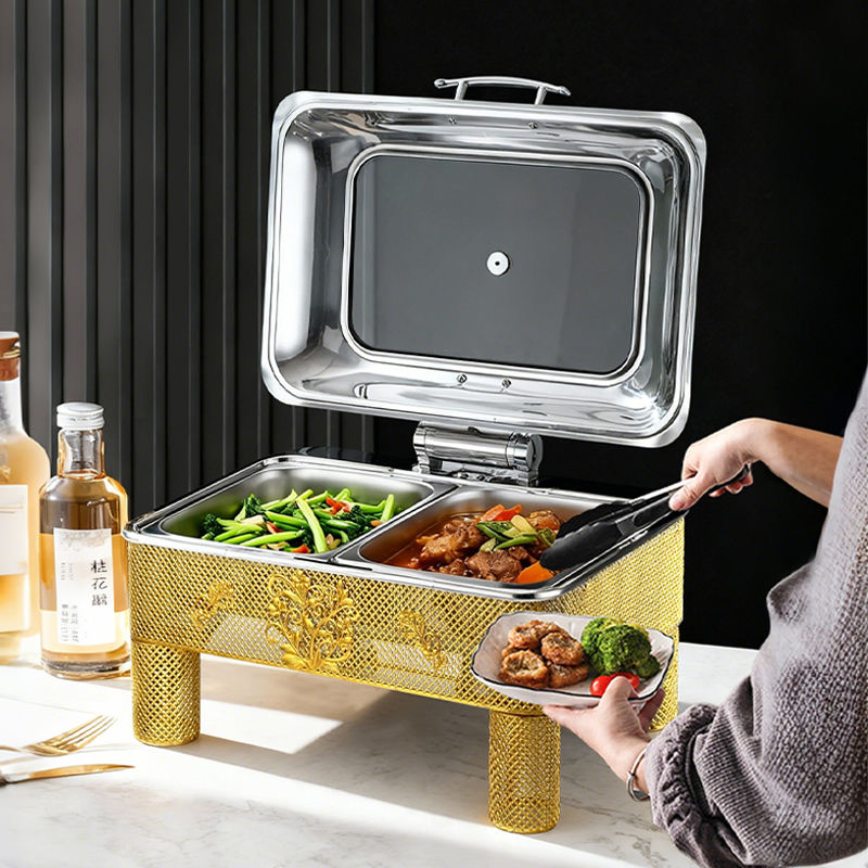 Rectangle Stainless Steel Hot Pot Electric Insulation Pot Luxury Design Chafing Dish Hollow Pattern, Cafeteria, Hotel