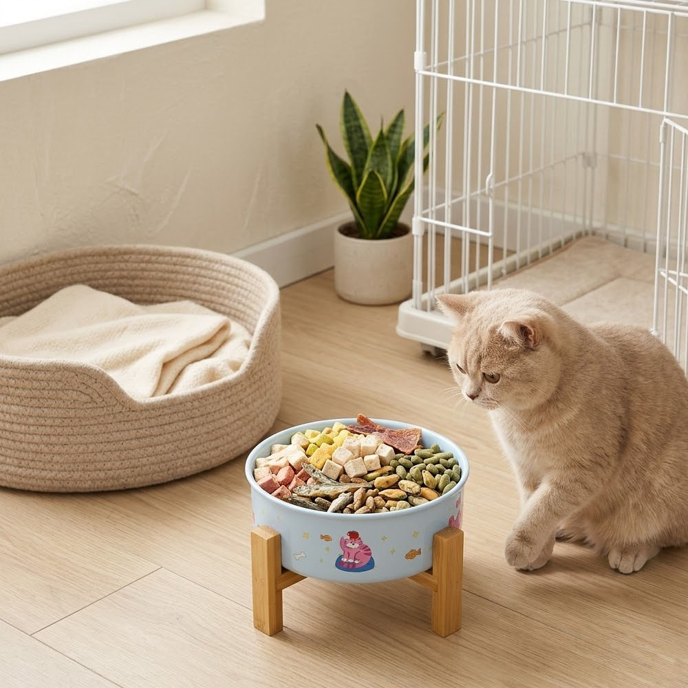 15 Inch Elevated Dog Bowl With Stand Foldable Metal Pet Feeder With Bamboo Base Eco-Friendly Kitchen Use For Large Medium Dogs