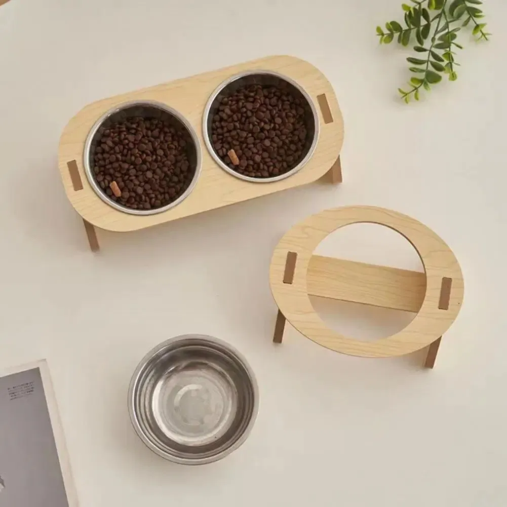 Elevated Pet Bowls Tilted Single Double Cat Stainless Steel Food Bowls Wooden Dog Water Feeding Container Cat Supplies
