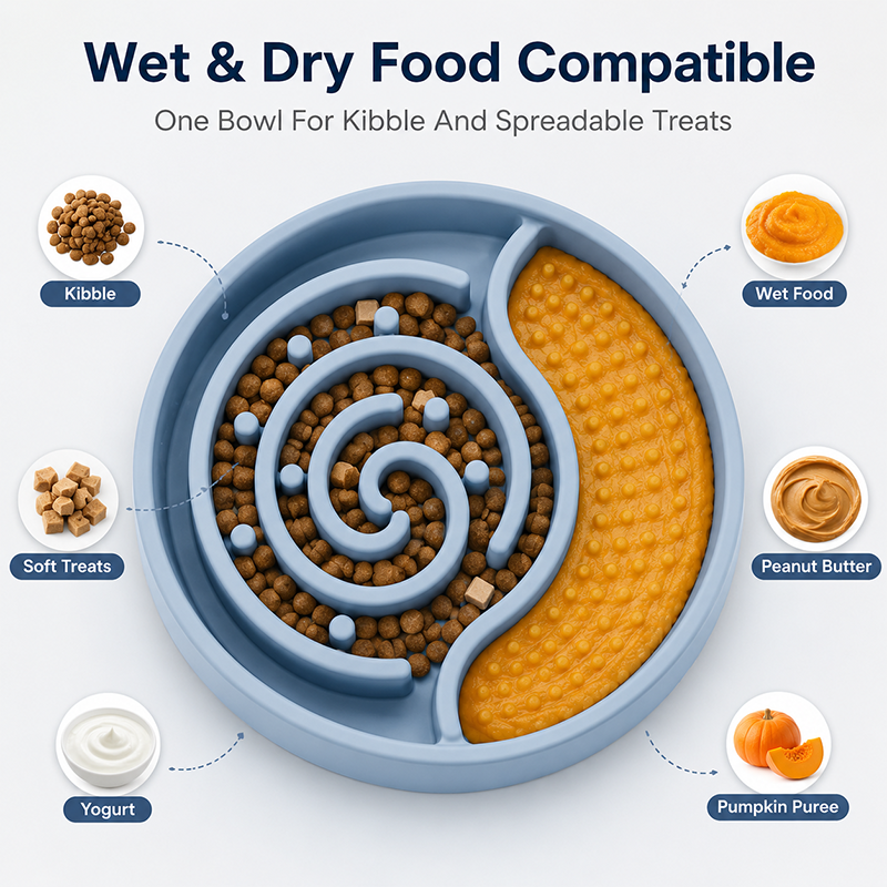 Wet Food Lick Mat Slow Feeder Dog Bowl Silicone Dual Zone Feeding Bowl For Dogs Kibble Wet Food Easy Clean Daily Use Pet Bowl