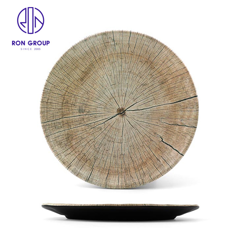 Wholesale Tableware Melamine Dish Japanese Korean Style Ancient Wood Pattern Plate for Hotel Restaurant