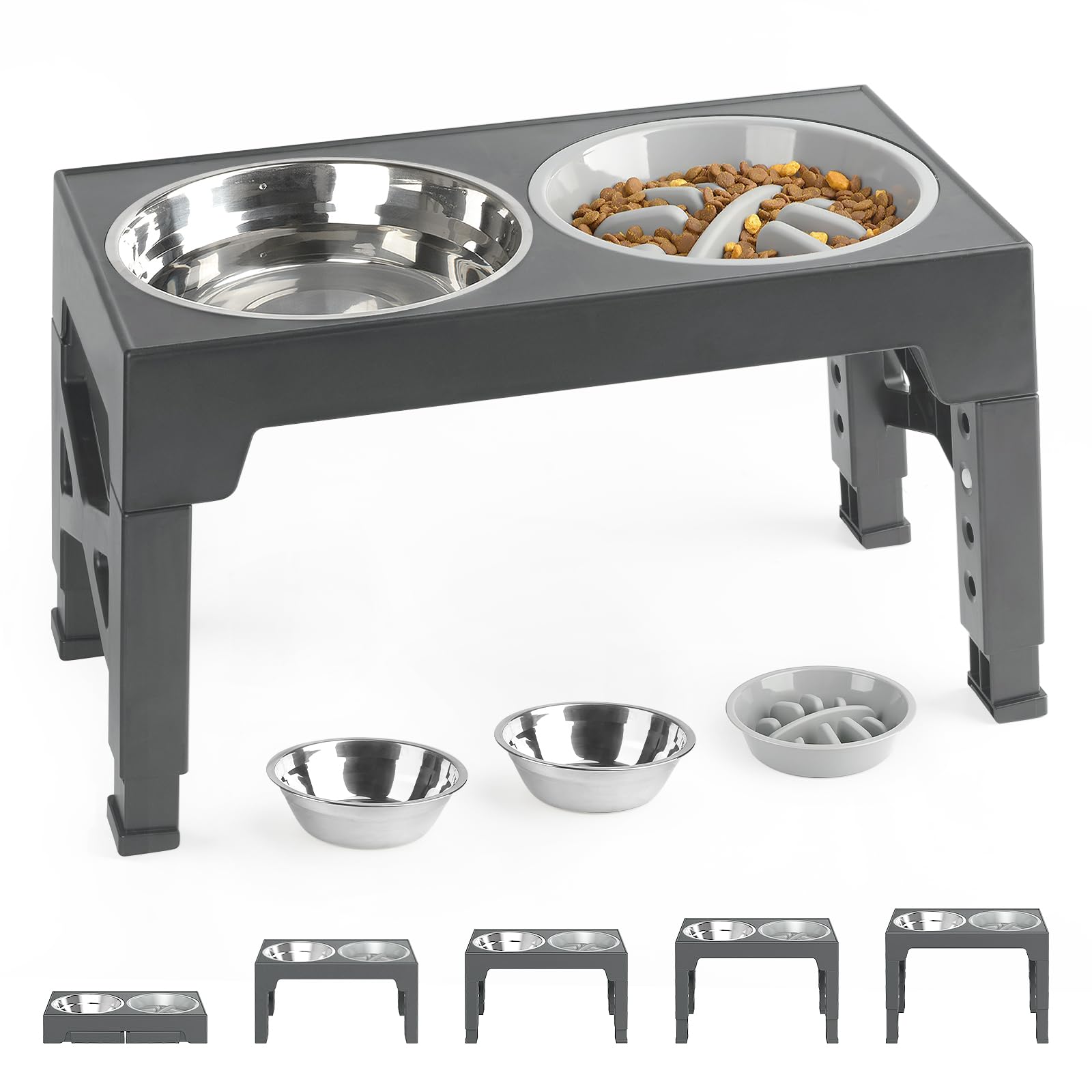 ZMaker Elevated Dog Bowls with Slow Feeder Raised Dog Bowls 5 Heights Adjustable Raised Dog Bowl