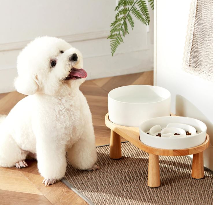 Custom Ceramic Slow Feeder Dog Bowl Water Bowl Set for Medium and Large Breed, Elevated with Wooden Stand