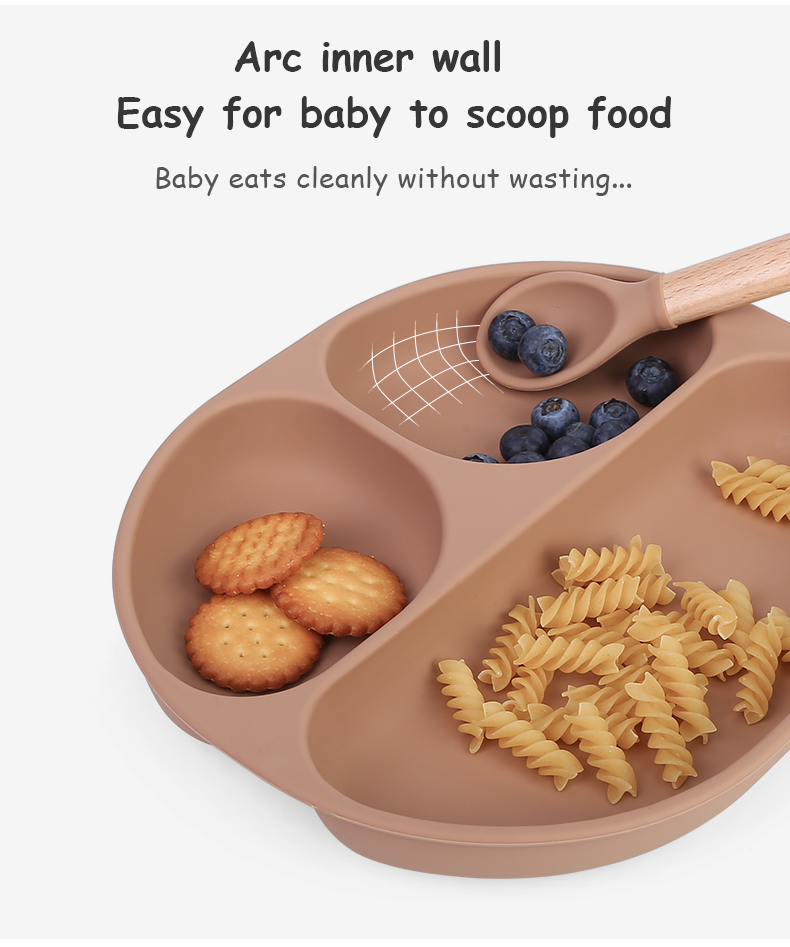 Bpa Free Non Slip Silicone Baby Feeding Plate 3 Compartments Divided Dishwasher Safe Eco-Friendly 4 Suction Cups Kids Dining