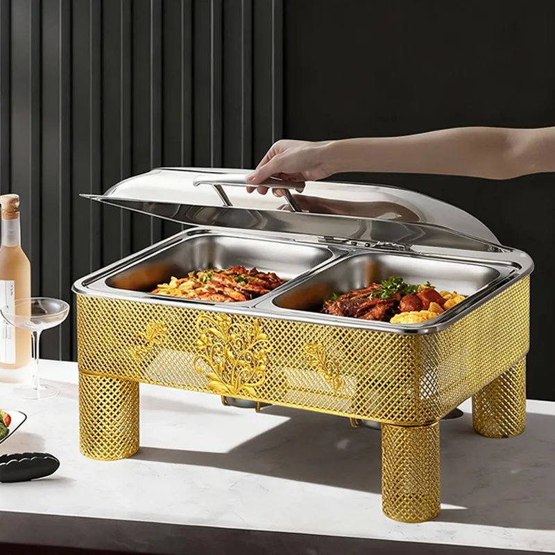Rectangle Stainless Steel Hot Pot Electric Insulation Pot Luxury Design Chafing Dish Hollow Pattern, Cafeteria, Hotel
