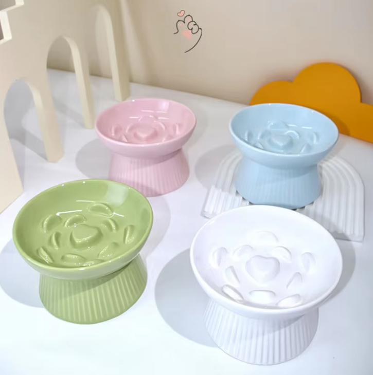 New Ceramic Tall Striped Slow Food Bowl Cat Bowls Set Food Water Bowl for Dogs and Cats Anti-skid Feeder