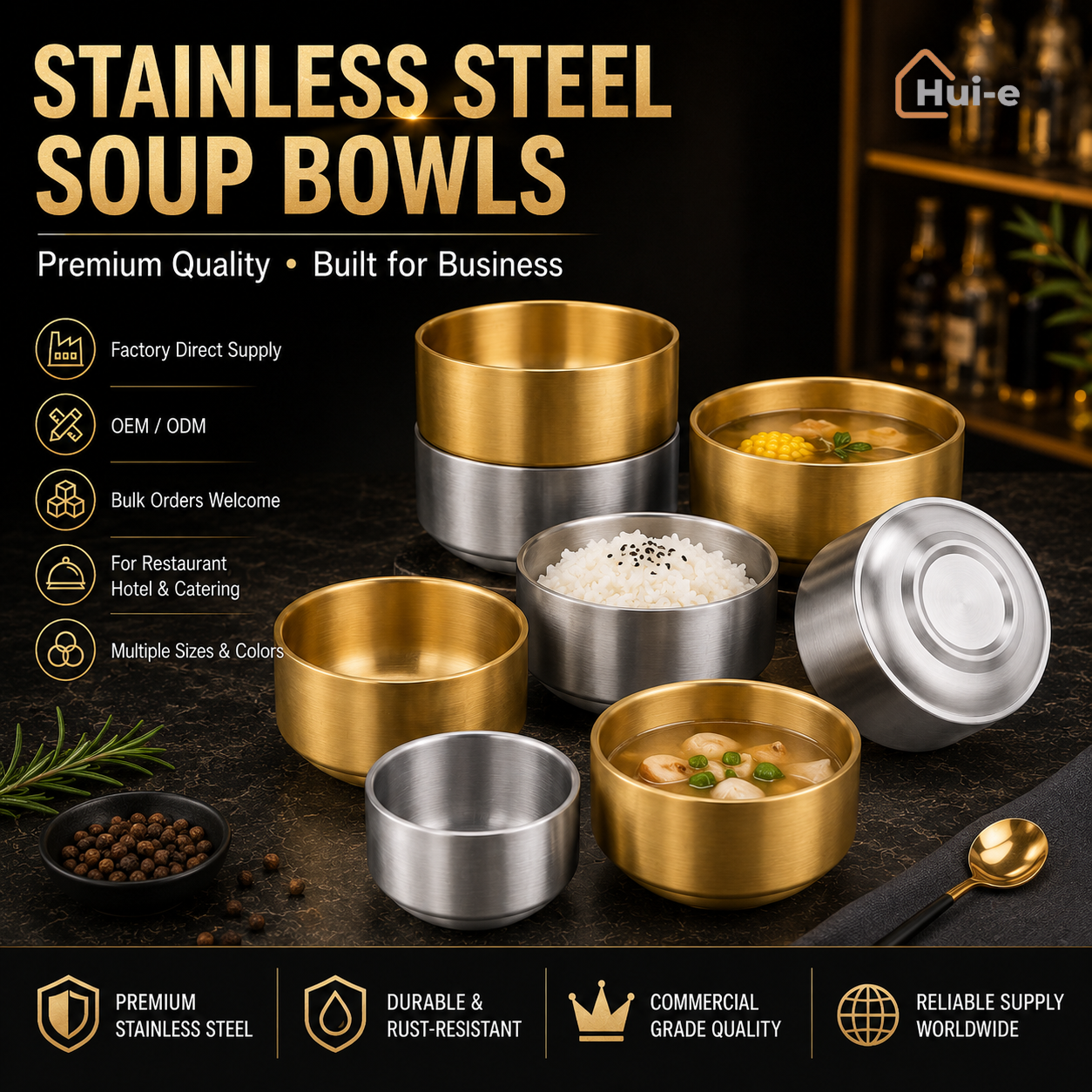 Stainless Steel Korean Soup Bowl Gold Silver Food Grade Metal Bowls Restaurant Hotel Buffet Catering Wholesale