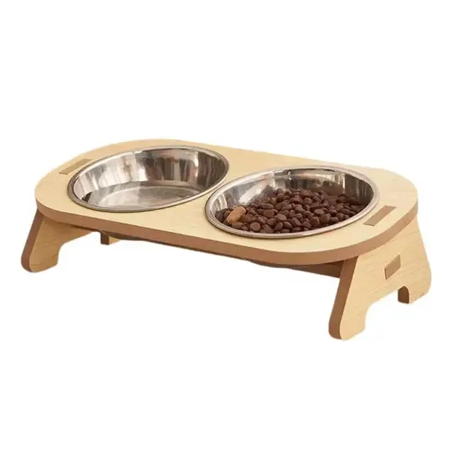Elevated Pet Bowls Tilted Single Double Cat Stainless Steel Food Bowls Wooden Dog Water Feeding Container Cat Supplies