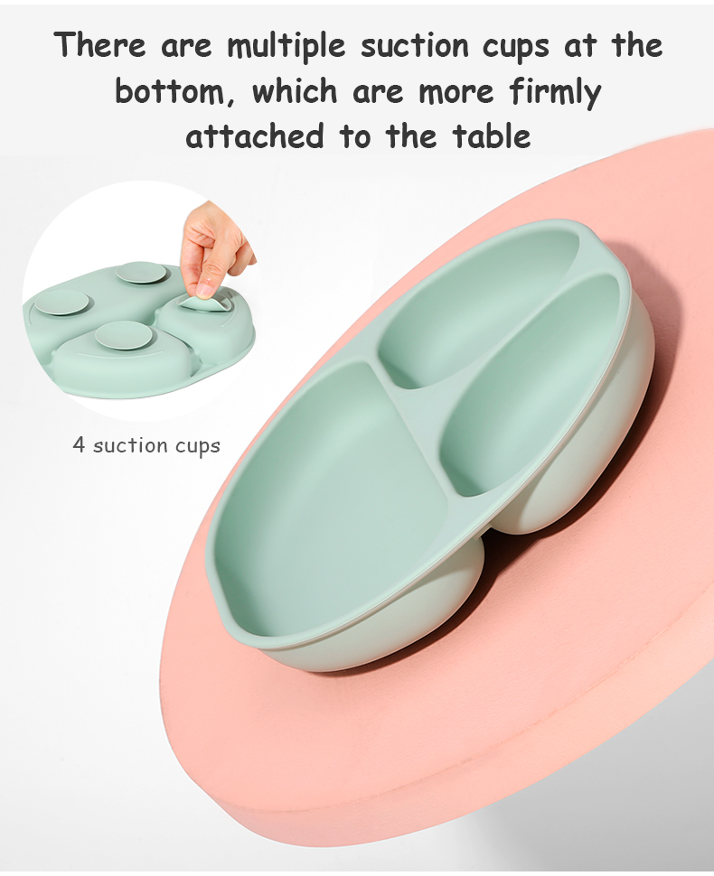 Bpa Free Non Slip Silicone Baby Feeding Plate 3 Compartments Divided Dishwasher Safe Eco-Friendly 4 Suction Cups Kids Dining