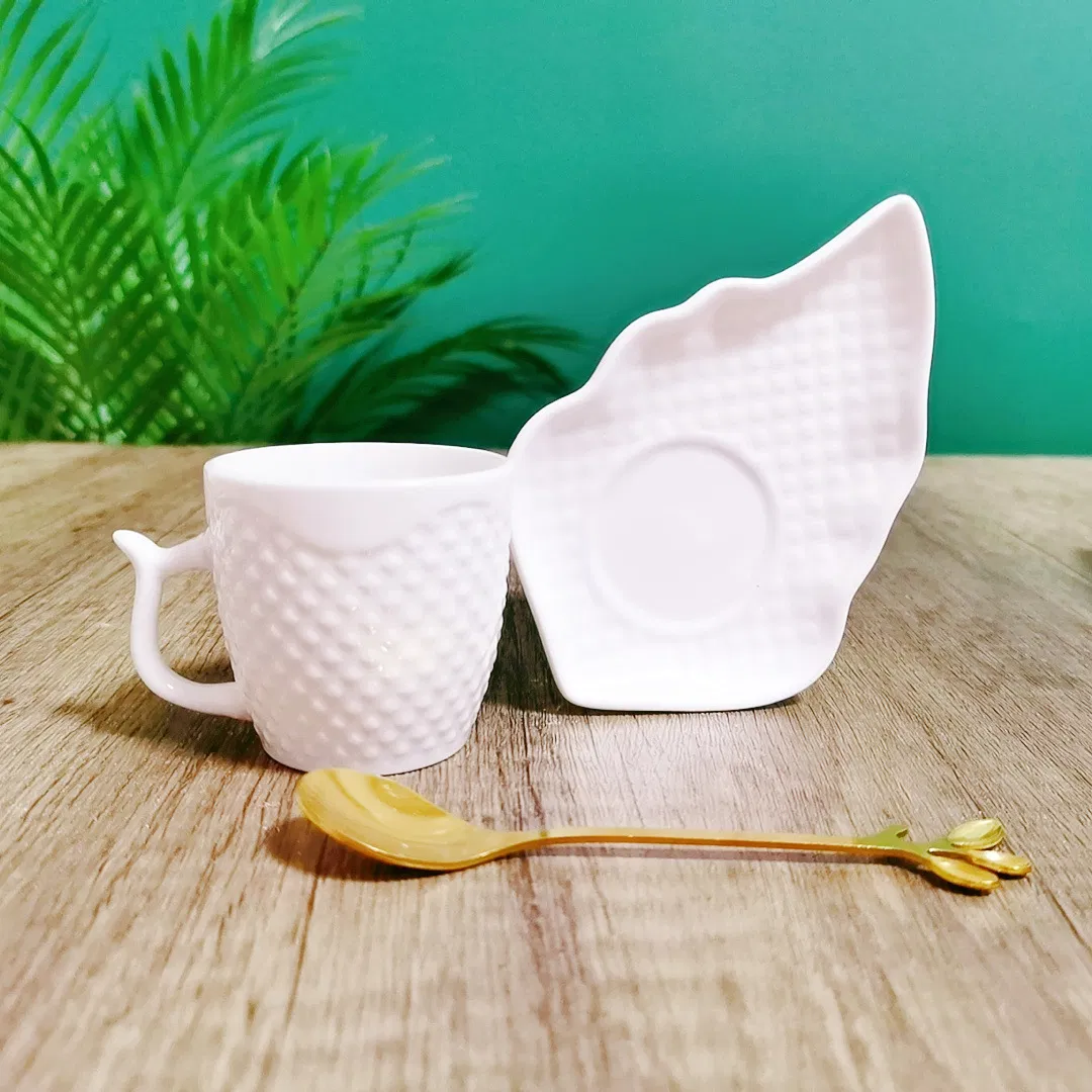Wholesale Competitive Price White Embossed Pattern Porcelain Coffee Cups Ceramic Heart Shape Leaf Shape Dish and Espresso Cups Set 12PCS with Gift Box