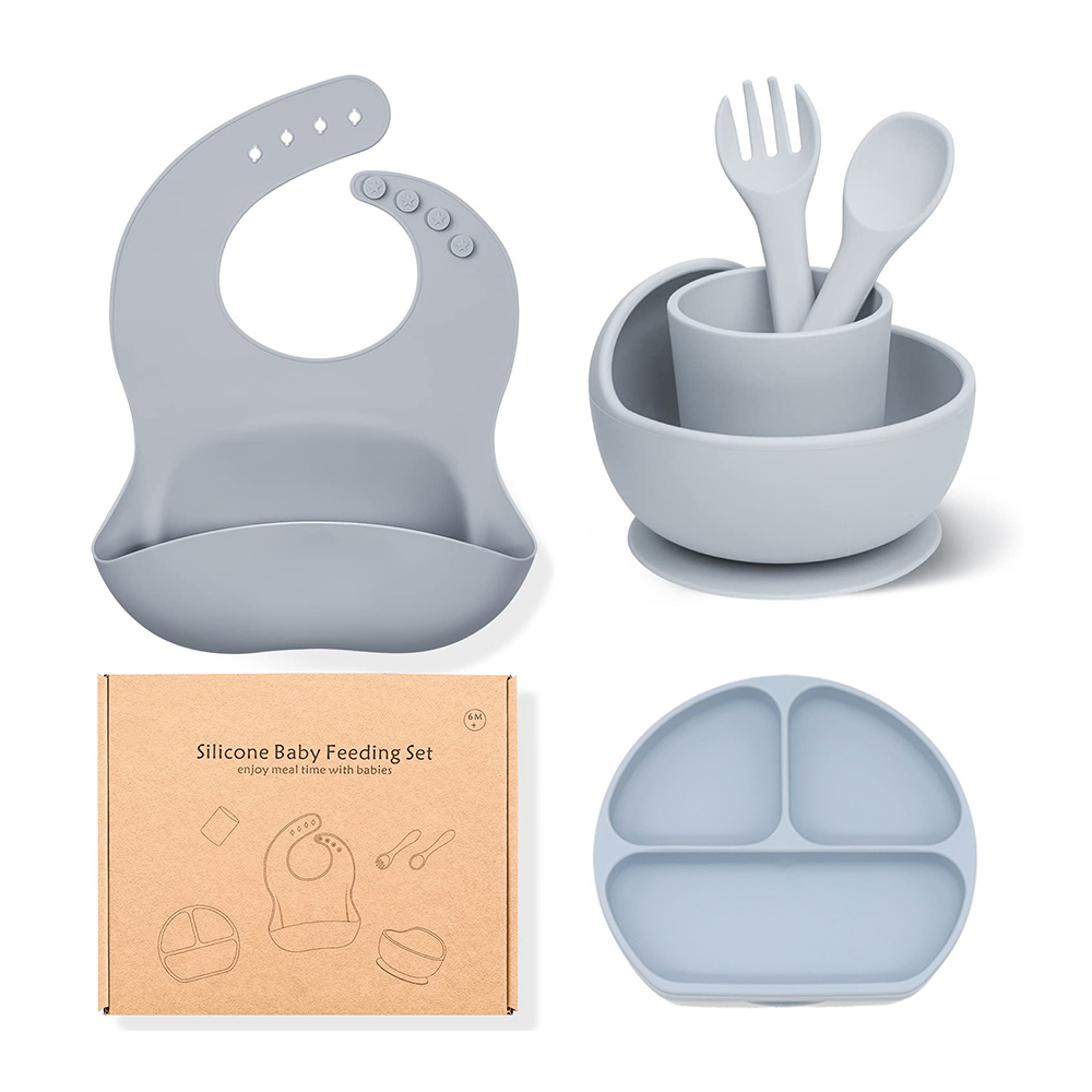 6 In 1 Baby Products Silicone Table Mat Plate Bowl Spoon Fork Sippy Cup Tableware Silicone Baby Feeding Sets Baby Dining Set