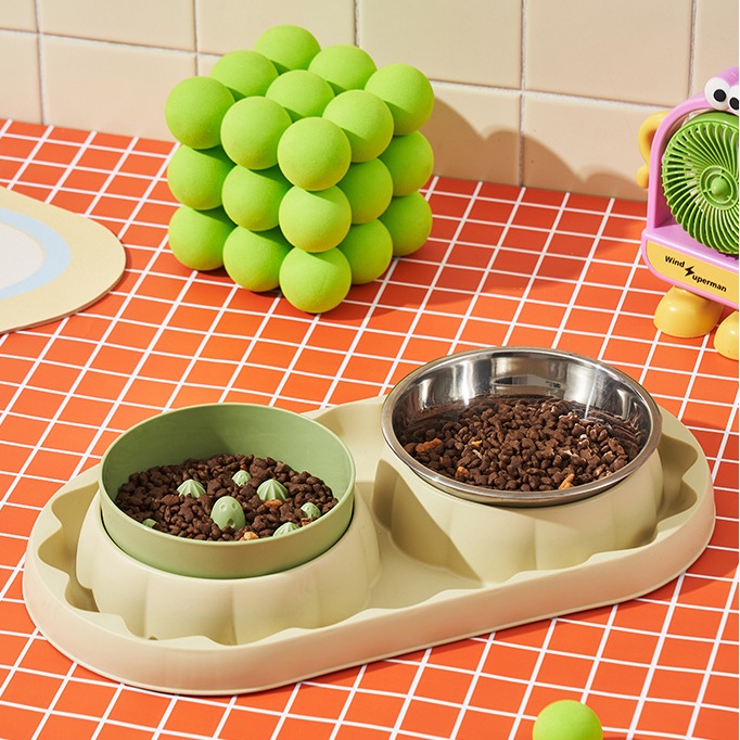 Stainless Steel Two-in-One Pet Food and Water Bowls with Slow Feeding Design for Cats and Dogs