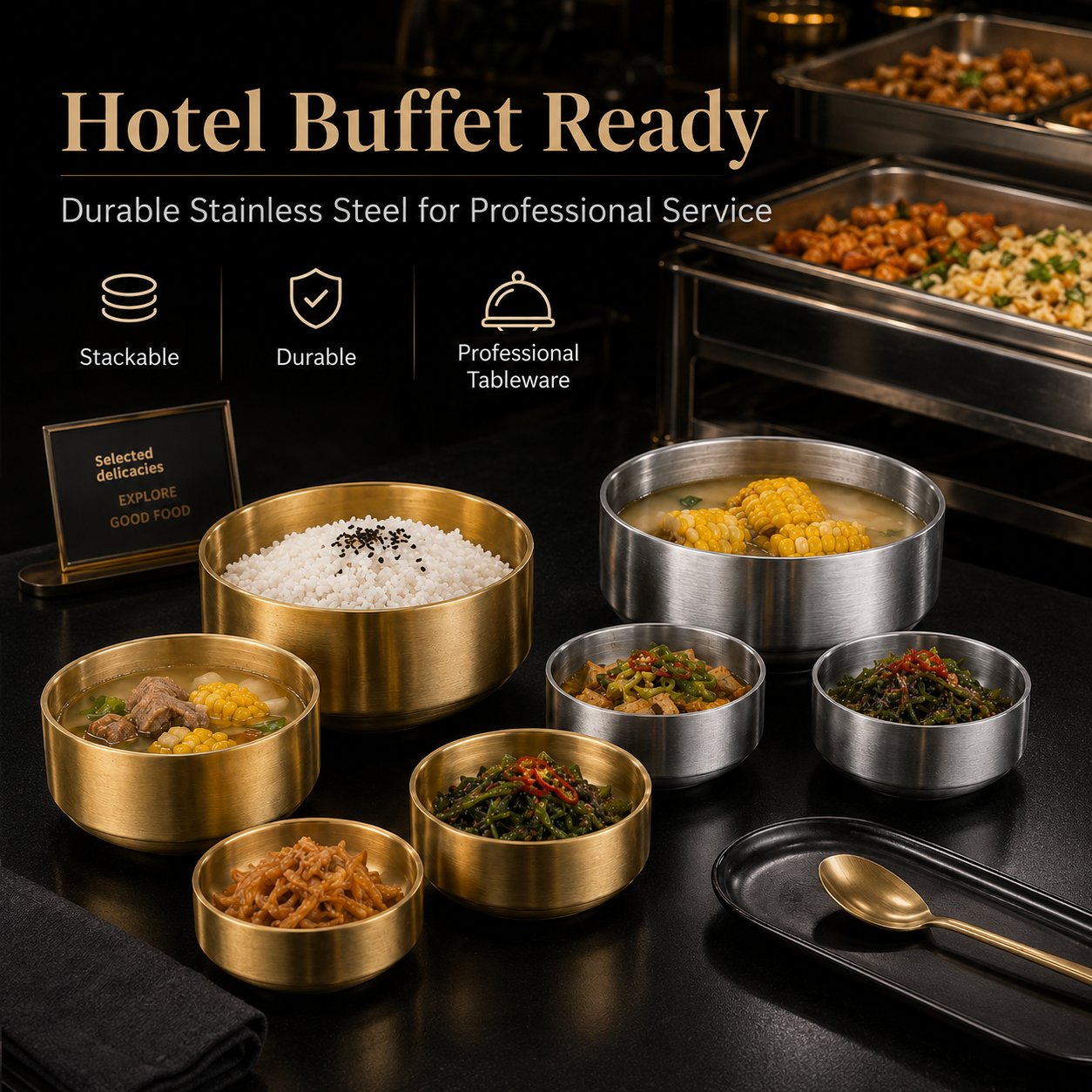 Stainless Steel Korean Soup Bowl Gold Silver Food Grade Metal Bowls Restaurant Hotel Buffet Catering Wholesale