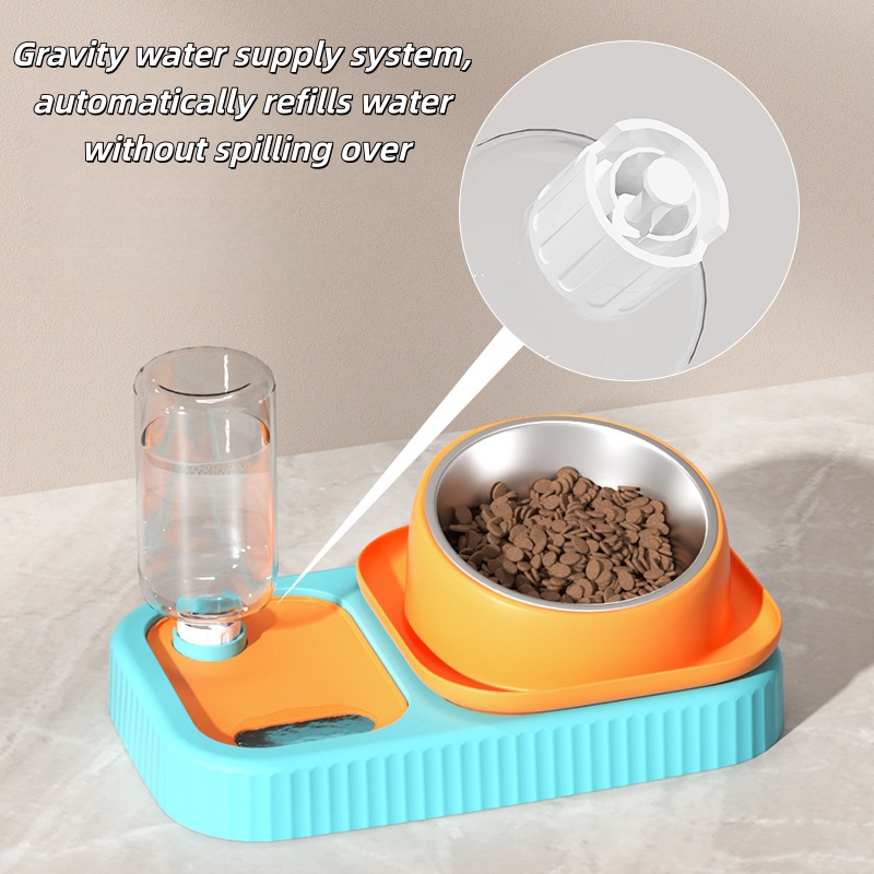 Beveled Anti-Tipping Dog Bowls Cat Food and Water Bowl Set with Water Dispenser Slow Feeder and Stainless Steel Bowl for Pets