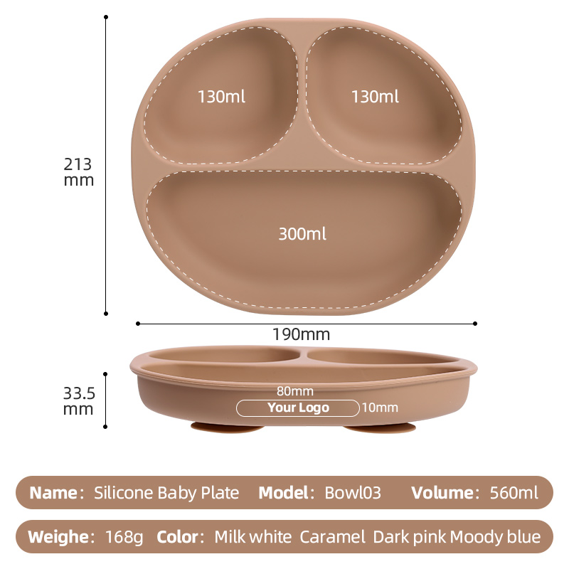 Bpa Free Non Slip Silicone Baby Feeding Plate 3 Compartments Divided Dishwasher Safe Eco-Friendly 4 Suction Cups Kids Dining