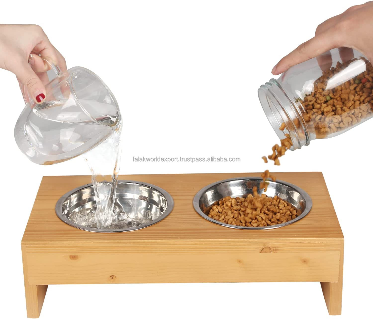 Elevated Classic Wooden Dog Slow Feeder Double Bowls Polished Raised Stand Dishwasher Safe Pet Food Water Great Business Gift