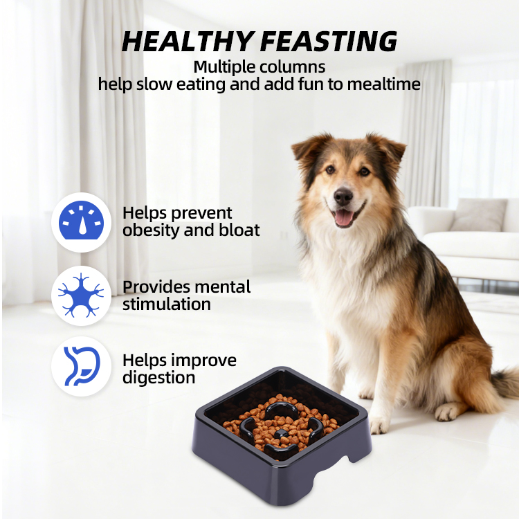 New Style Raised Slow Feed Eco-Friendly Square Dog/Cat Food Water Bowl 2-in-1 Durable Plastic Non-Slip Waterproof Easy-to-Clean