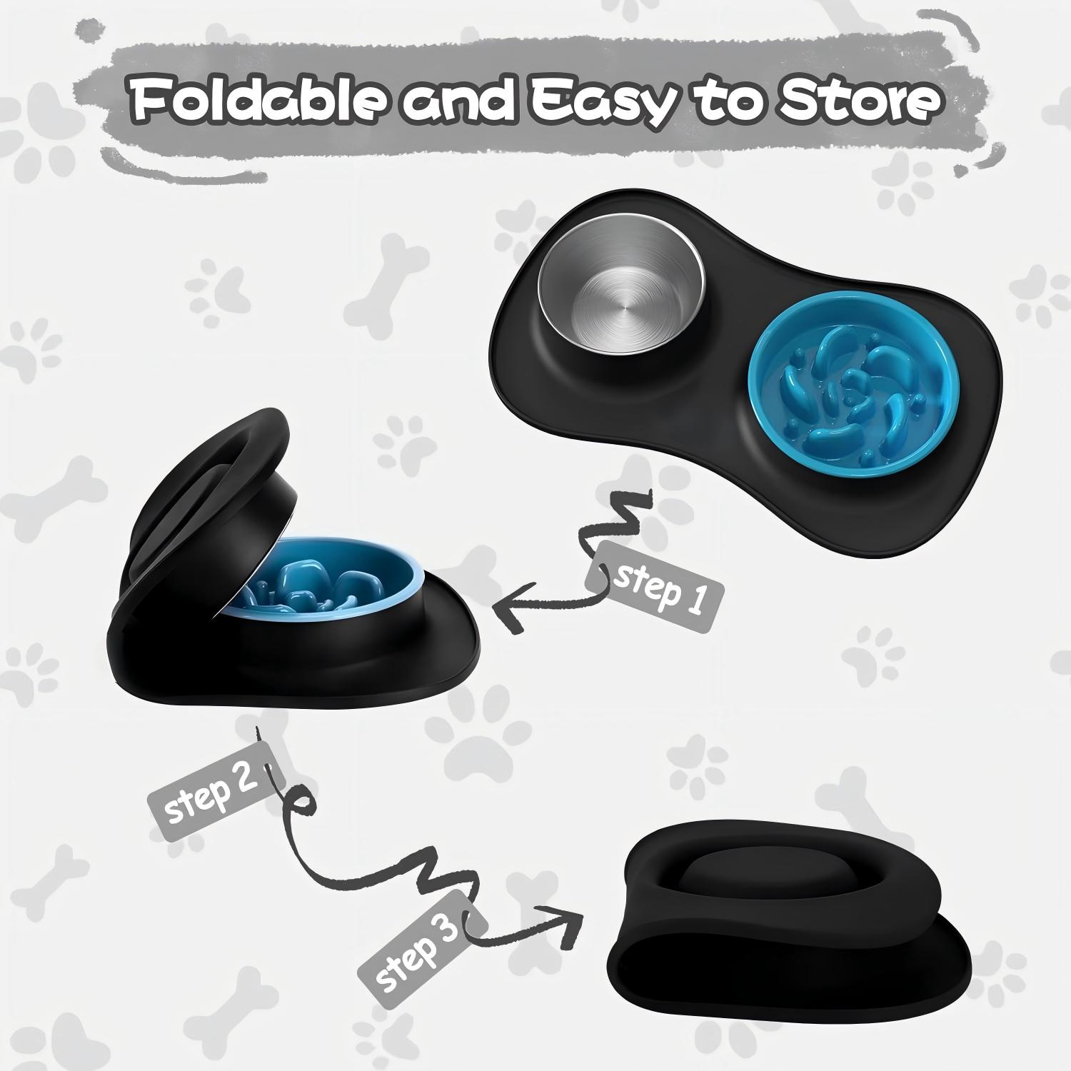 3 in 1 Slow Feeder Dog Bowls &amp; Stainless Steel Water Bowl with Non-Spill Silicone Mat for Small Medium Large Breed
