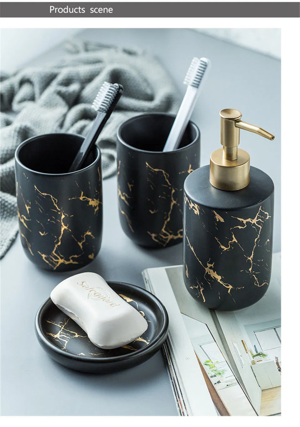 Bath Set Luxury Marble Pattern Tooth Mug Lotion Dispenser Soap Dish