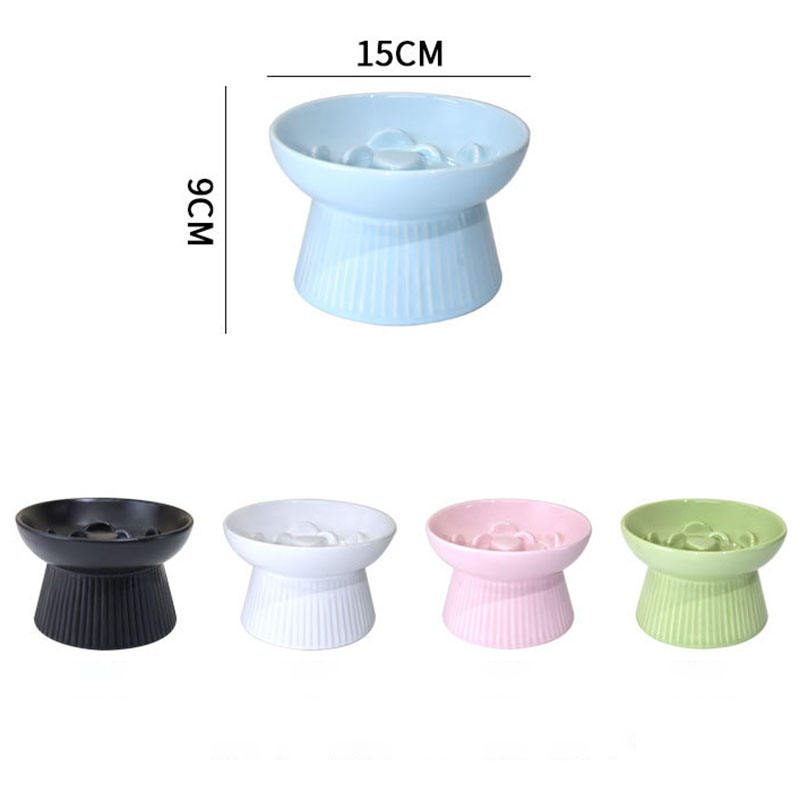 Qbellpet New Ceramic Tall Striped Slow Food Bowl Cat Bowls Set Food Water Bowl for Dogs and Cats Anti-skid Feeder