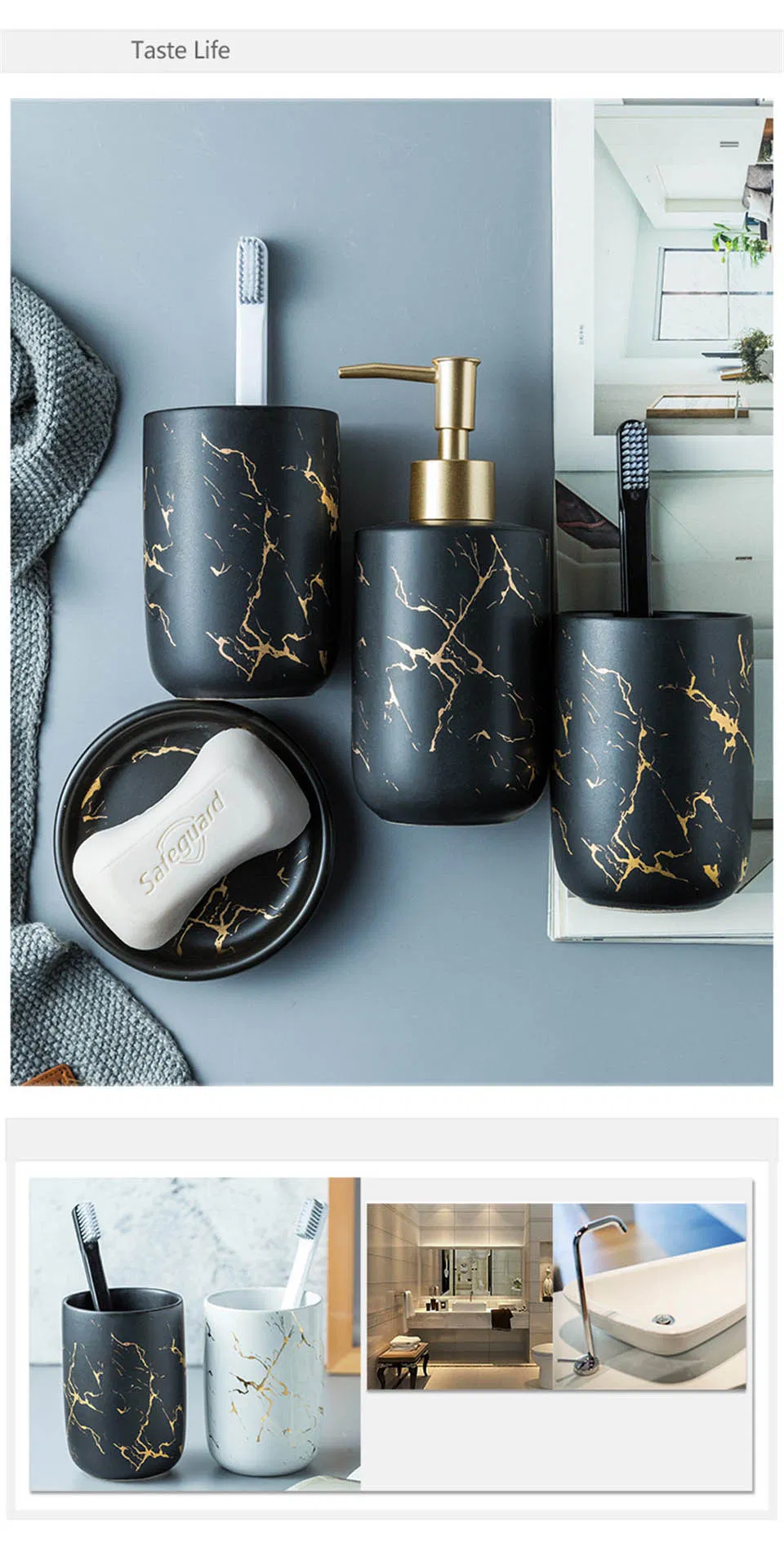 Bath Set Luxury Marble Pattern Tooth Mug Lotion Dispenser Soap Dish