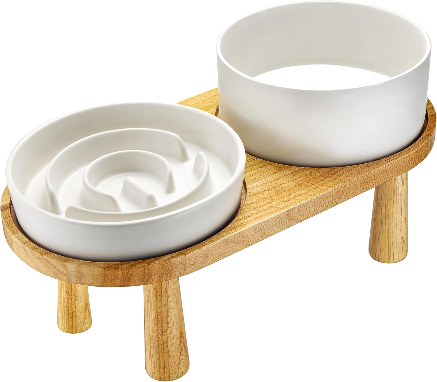 Ceramic Slow Feeder and Water Bowl Set Ceramic Dog Bowls Elevated with Wooden Stand