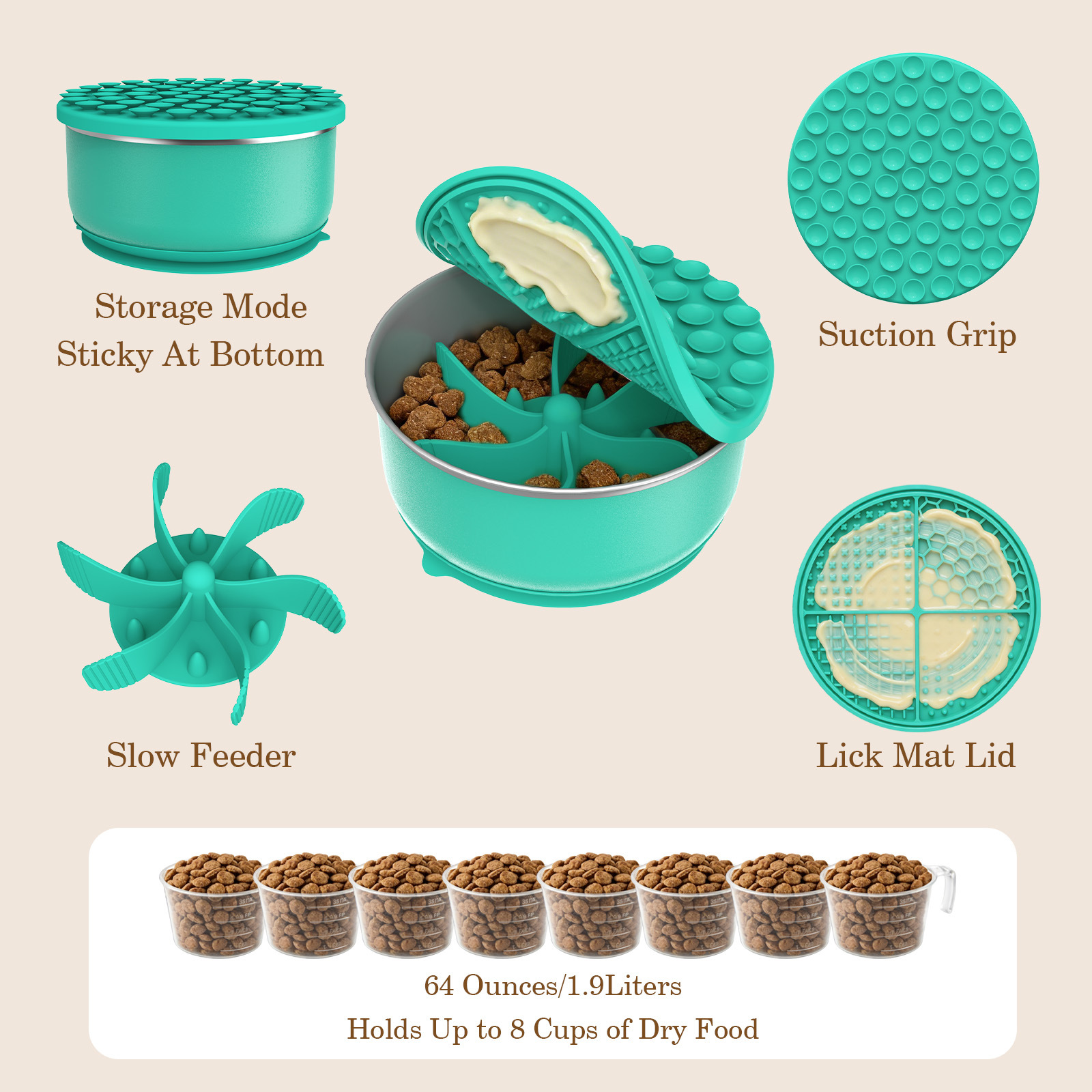 3-in-1 Stainless Steel Pet Slow Feed Bowl with Suction Cup - Multi-functional Pet Licking and Choking Prevention Device