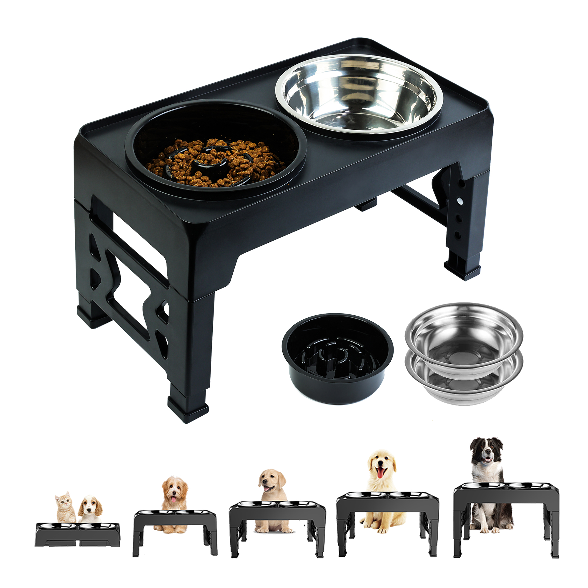 High Quality Five Height Adjustable Stainless Steel Slow Feeder Dog Bowl Cheap Pet Supplies-for Dogs Cats Collapsible Plastic