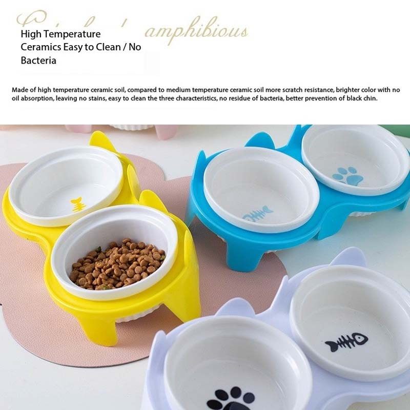 Double Ceramic Cat Bowls Elevated Tilted Cat Food Bowls Raised Ceramic Pet Bowls with Stand Dog Cat Food and Water Bowl Set Tall Feet Feeding Bowls Dishes