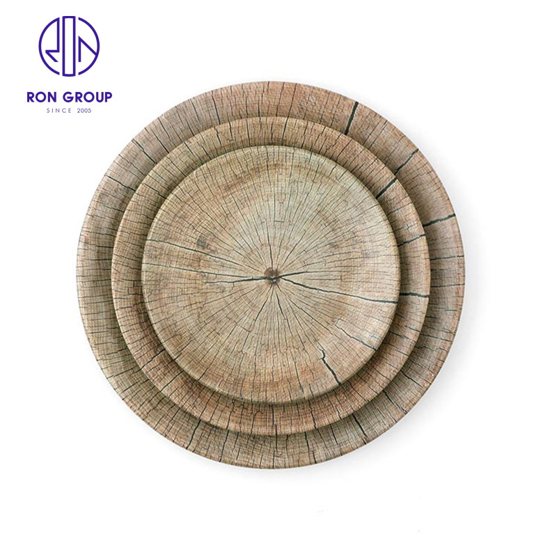 Wholesale Tableware Melamine Dish Japanese Korean Style Ancient Wood Pattern Plate for Hotel Restaurant