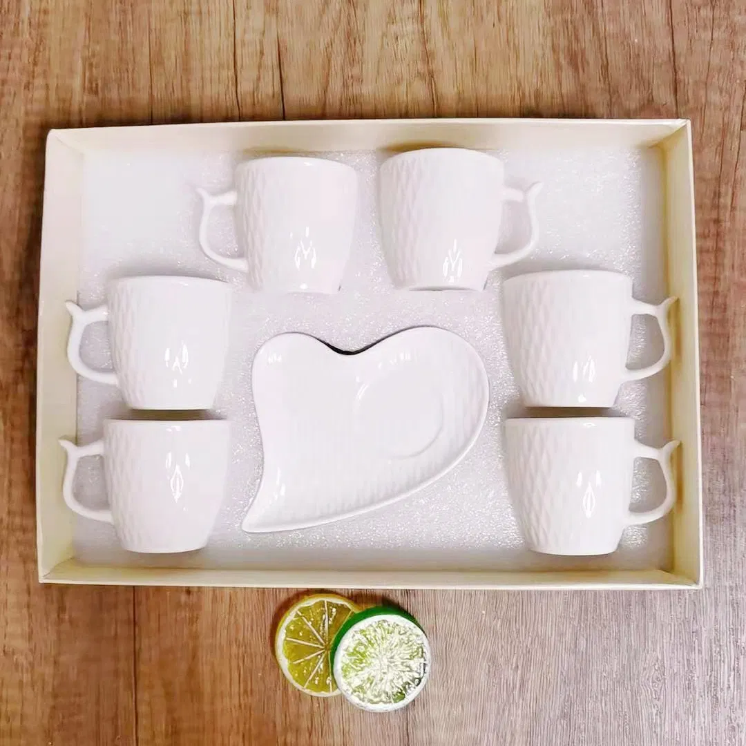 Wholesale Competitive Price White Embossed Pattern Porcelain Coffee Cups Ceramic Heart Shape Leaf Shape Dish and Espresso Cups Set 12PCS with Gift Box