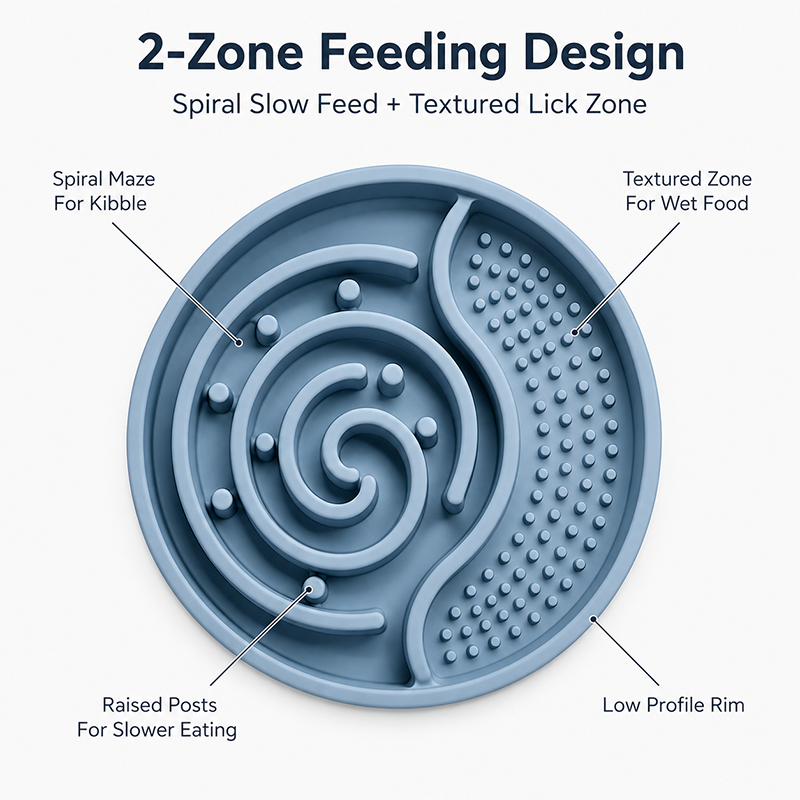 Wet Food Lick Mat Slow Feeder Dog Bowl Silicone Dual Zone Feeding Bowl For Dogs Kibble Wet Food Easy Clean Daily Use Pet Bowl