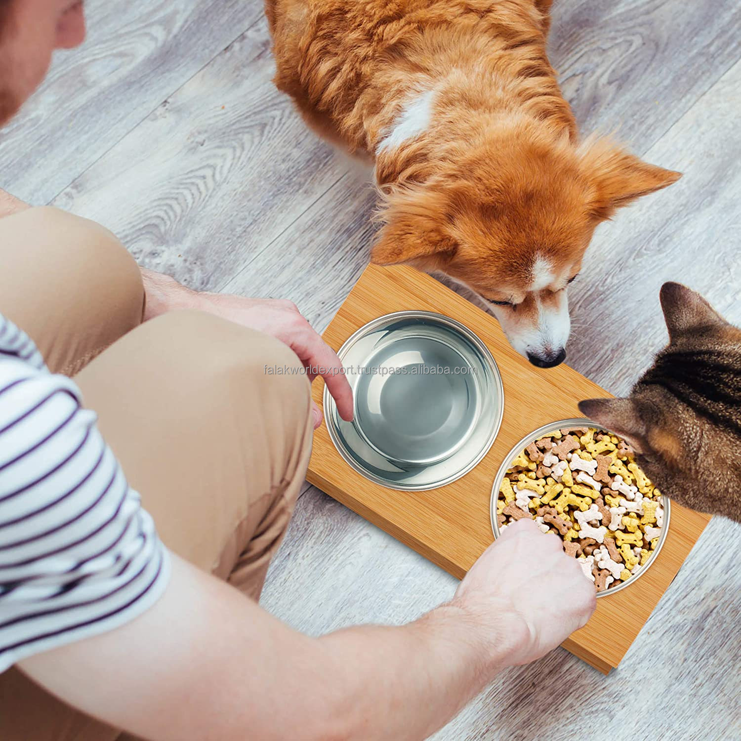 Elevated Classic Wooden Dog Slow Feeder Double Bowls Polished Raised Stand Dishwasher Safe Pet Food Water Great Business Gift