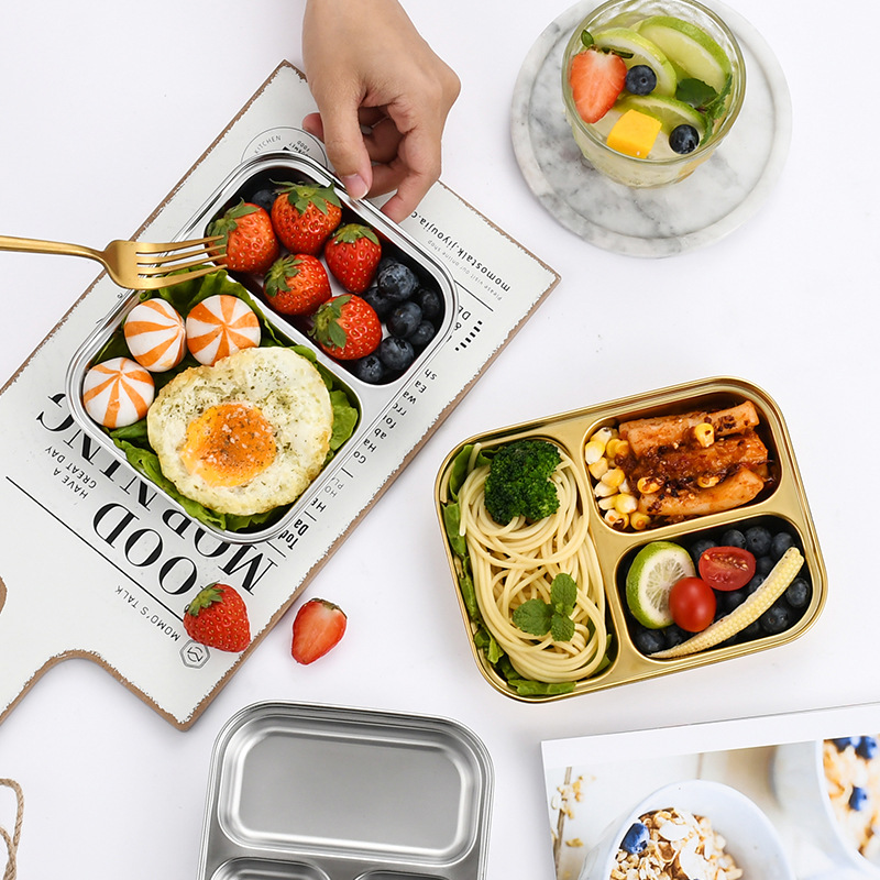 Food Grade 304 Stainless Steel Divided Trays 3 Compartment Bento Plates Gold Silver Multi Size Lunch Plates for Food Serving