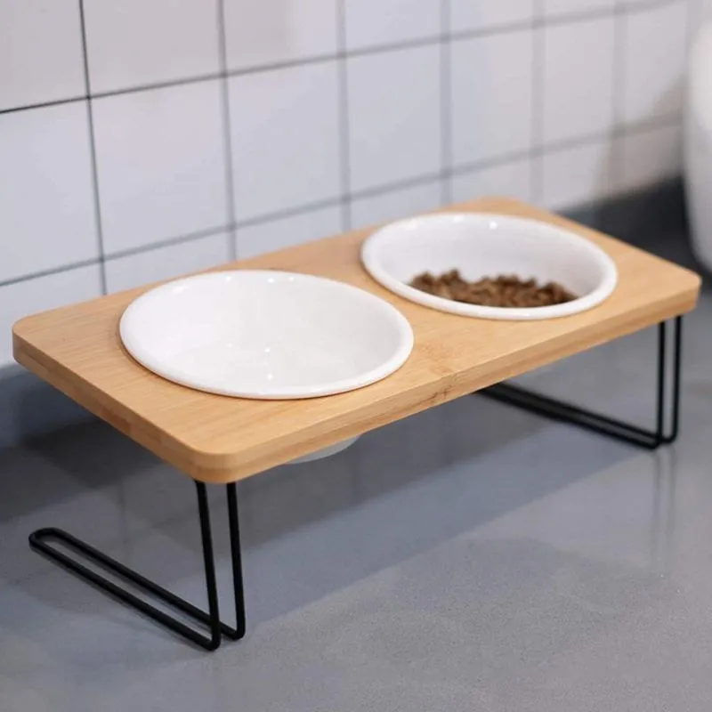Elevated Cat Ceramic Bowls Stand for Food and Water Tilted Feeding Position