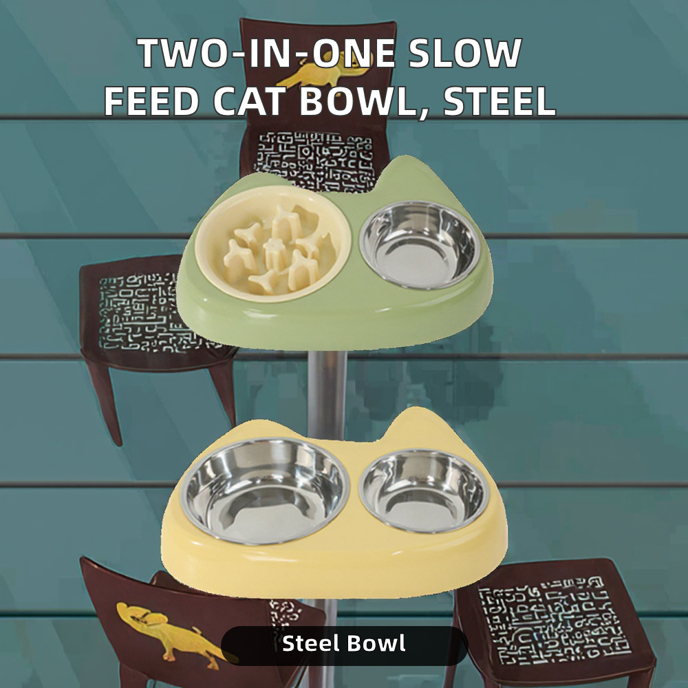Portable Eco-Friendly Stainless Steel Rounded Shape Two-in-One Slow Feeding Anti-Choking Cat Bowl for Small Animals