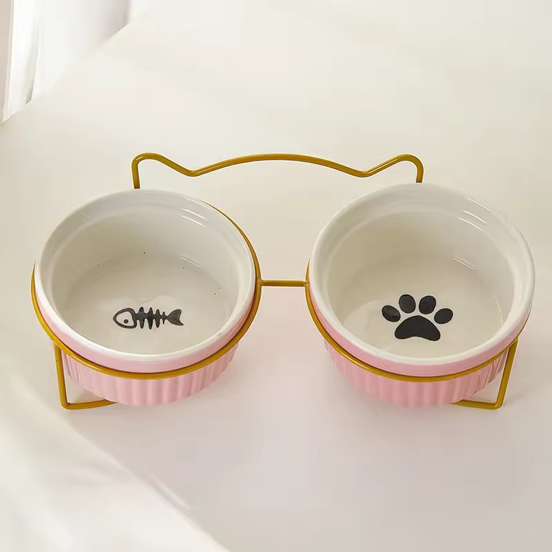 Ceramic Pet Feeding Bowl for Cats Dogs with Stand Tilted