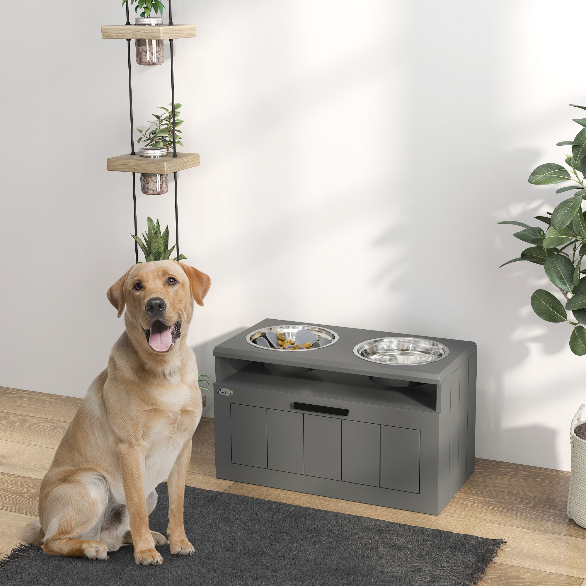 Large Breed Elevated Dog Bowls with Storage Drawer Slow Feeder Mat and 2 Stainless Steel Bowls for Puppies & Adult Dogs