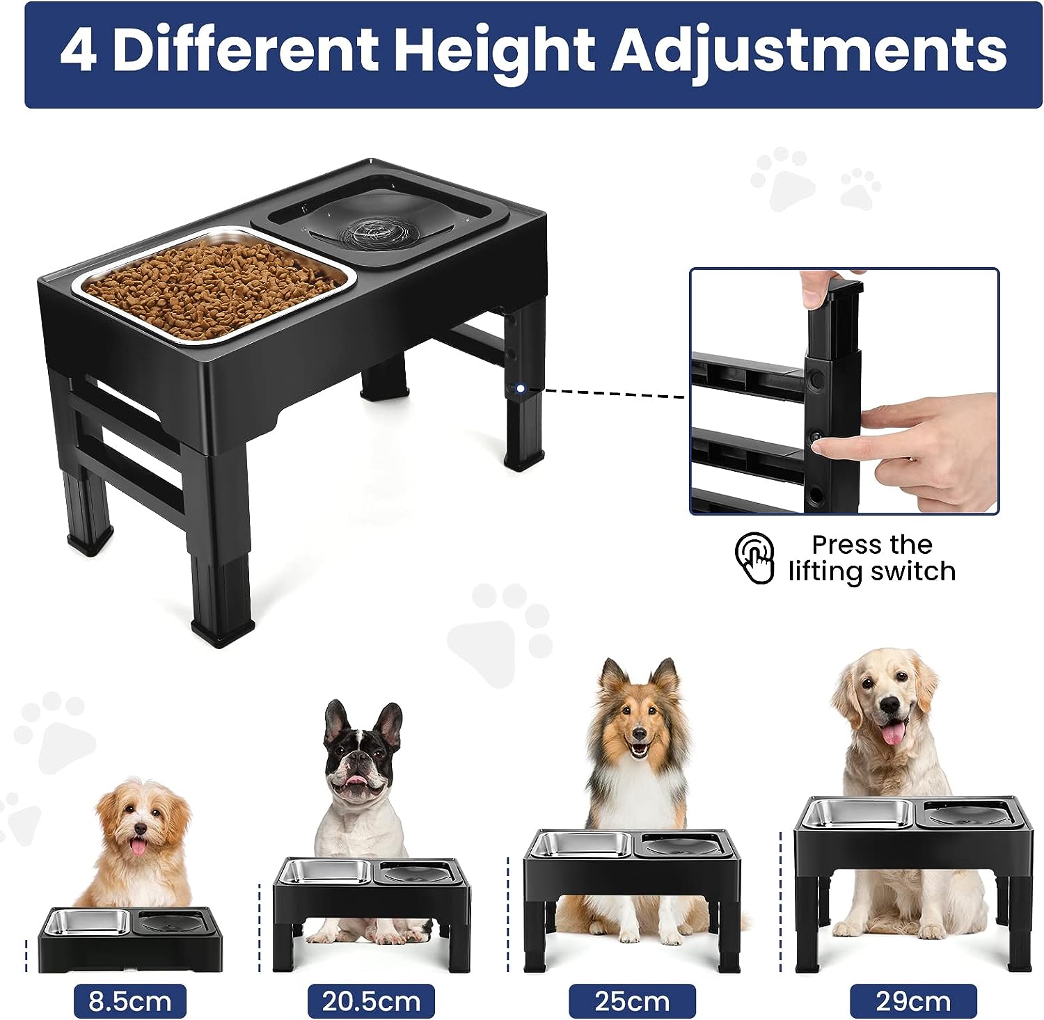 2-in-1 Elevated Slow Feeder Dog Bowls 4 Height Adjustable Raised Dog Bowls with No Spill Water Bowl