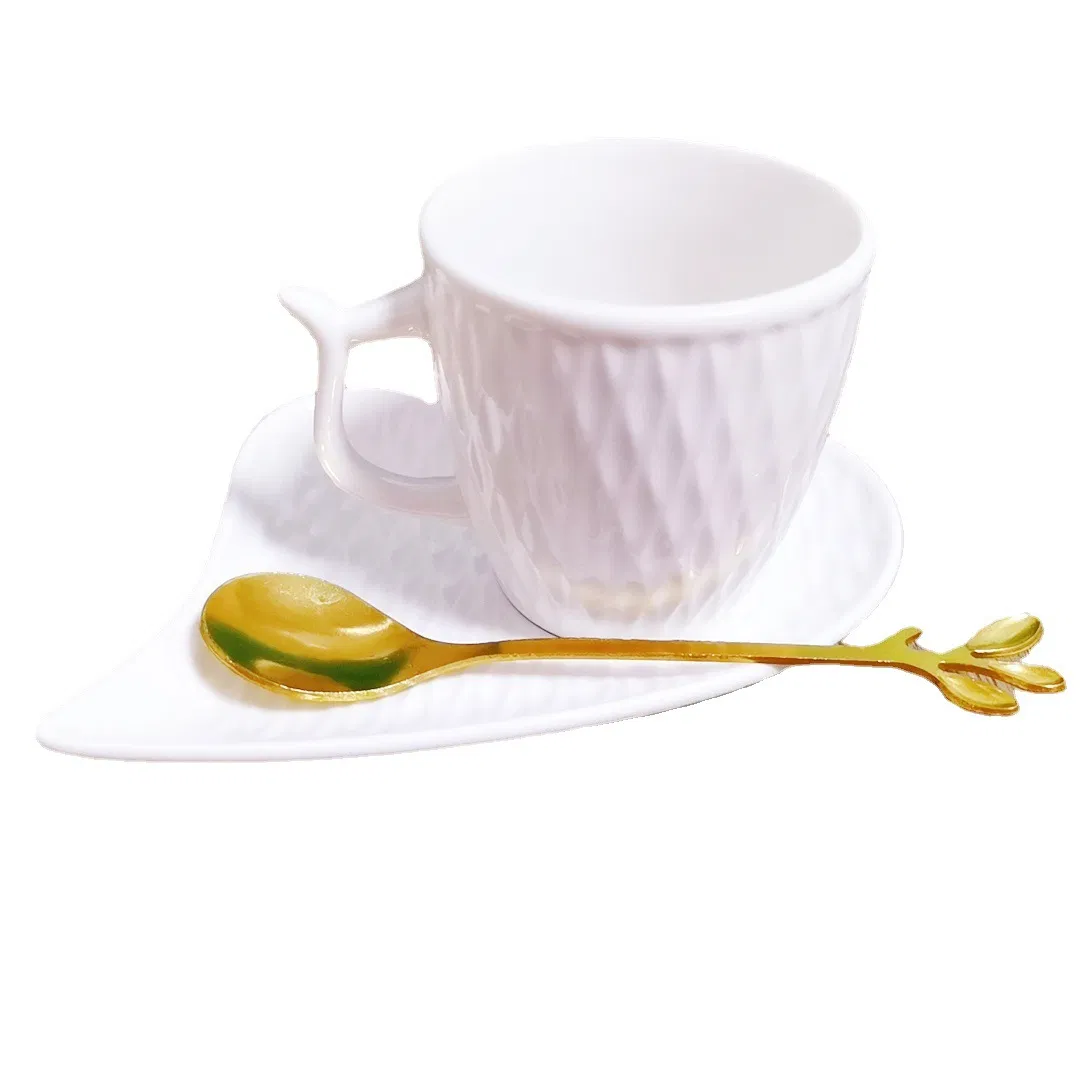 Wholesale Competitive Price White Embossed Pattern Porcelain Coffee Cups Ceramic Heart Shape Leaf Shape Dish and Espresso Cups Set 12PCS with Gift Box